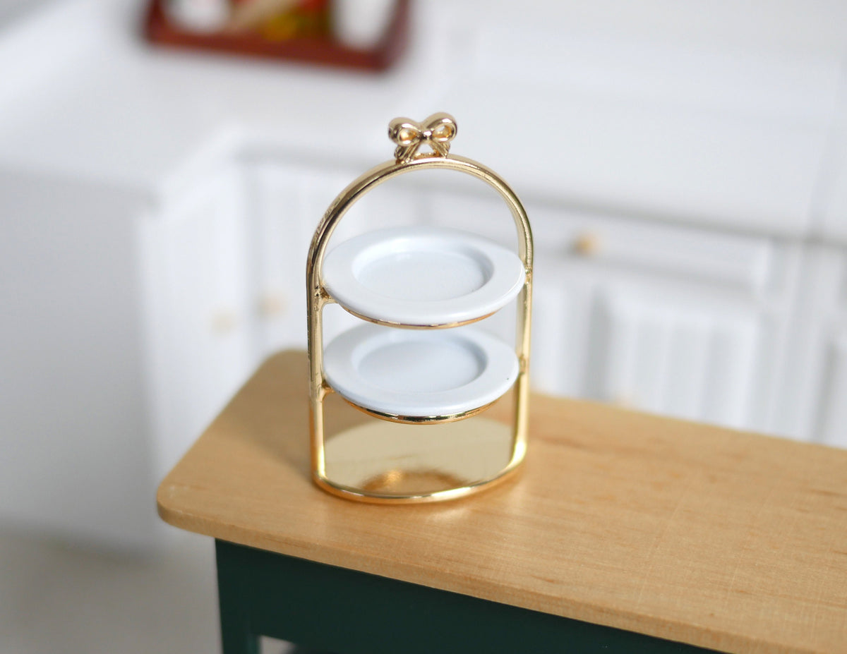 1:12 Scale Miniature Metal 2 Tier Serving Stand with Plates, 1-15/16 inch tall, DIY Dollhouse Supply (gold)