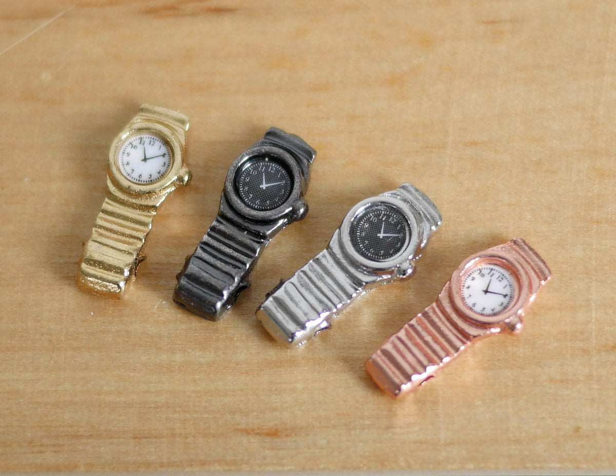 1:12 Scale Miniature Wrist Watches, Set of 4, 9/16 inch long, DIY Dollhouse Supply