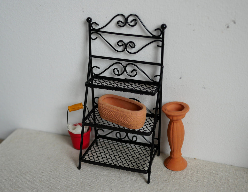 1:12 Scale Miniature Metal Baker's Rack, 2 Shelves, Scroll Top, 5-11/16 inch tall, DIY Dollhouse Supply (black)