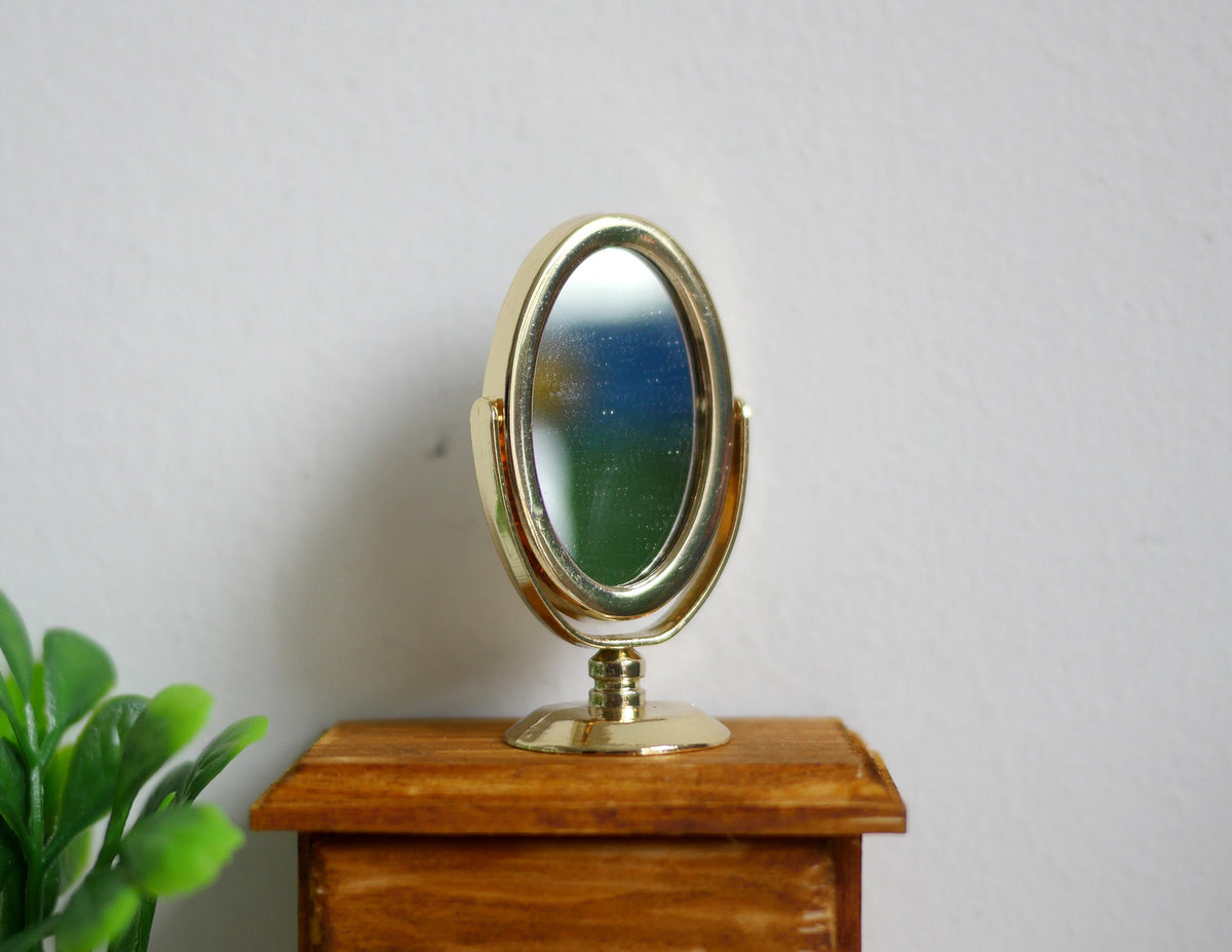 1:12 Scale Miniature Tilting Oval Vanity Mirror on Stand, 1-13/16 inch tall, DIY Dollhouse Supply (gold)