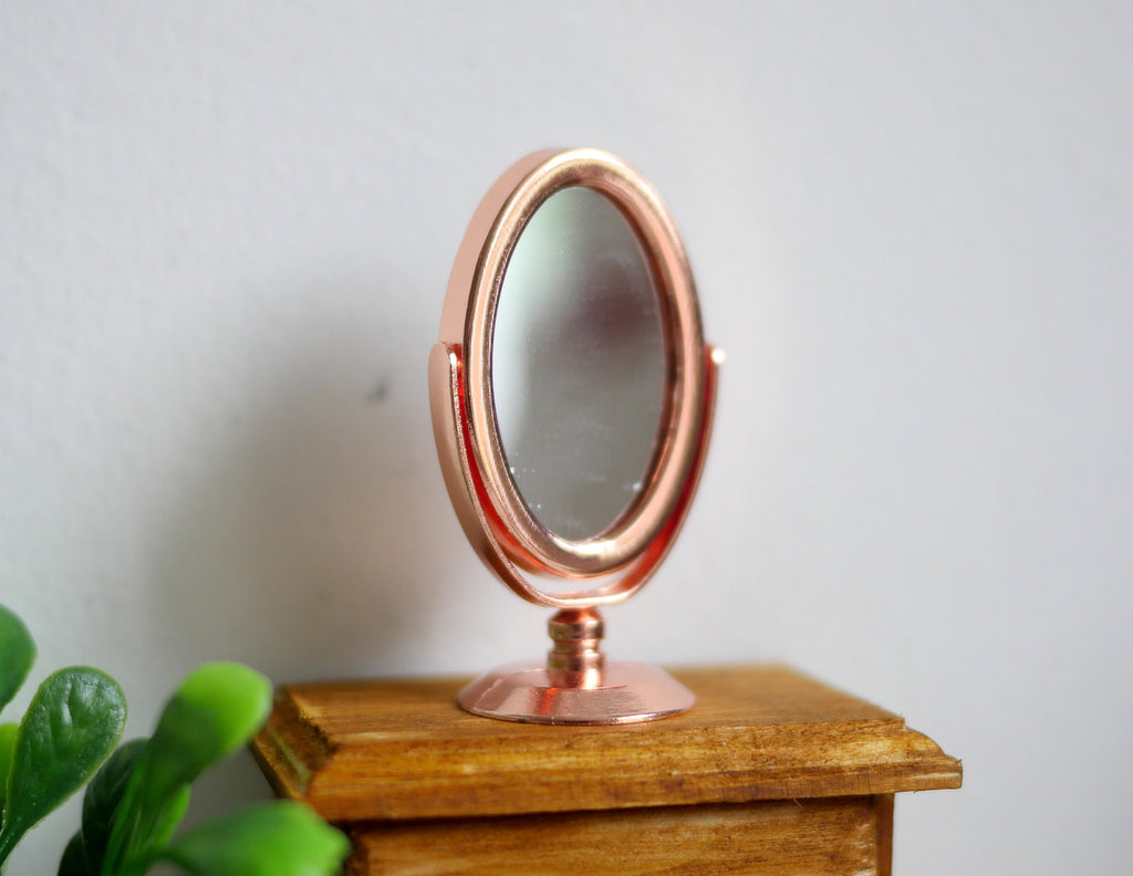 1:12 Scale Miniature Tilting Oval Vanity Mirror on Stand, 1-13/16 inch tall, DIY Dollhouse Supply (rose gold)