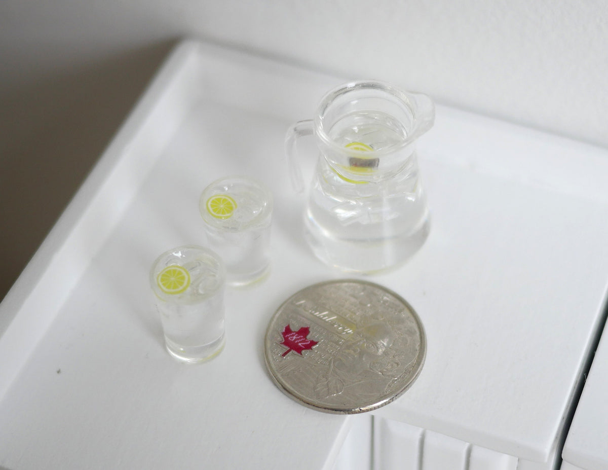 1:12 Scale Miniature Lemon Water Dispenser with Ice and 2 Glasses, Set of 3, 1-1/8 inch tall, DIY Dollhouse Supply