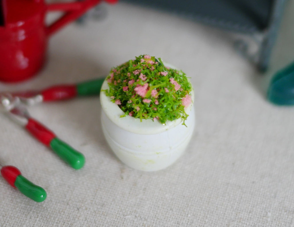 1:12 Scale Miniature Potted Moss Plant with Pink Flowers, White Pot, 7/8 inch tall, DIY Dollhouse Supply