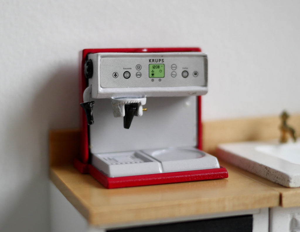 1:12 Scale Miniature Metal Coffee Machine, 1-7/16 inch tall, DIY Dollhouse Supply (silver and red)