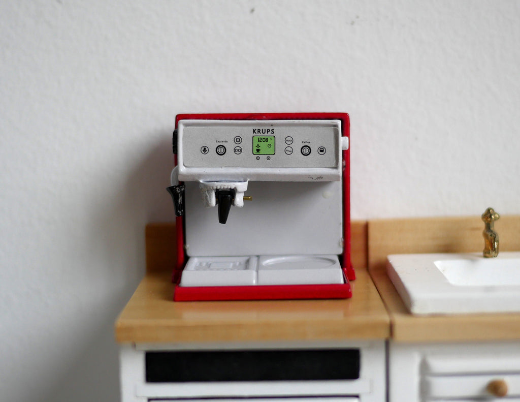 1:12 Scale Miniature Metal Coffee Machine, 1-7/16 inch tall, DIY Dollhouse Supply (silver and red)