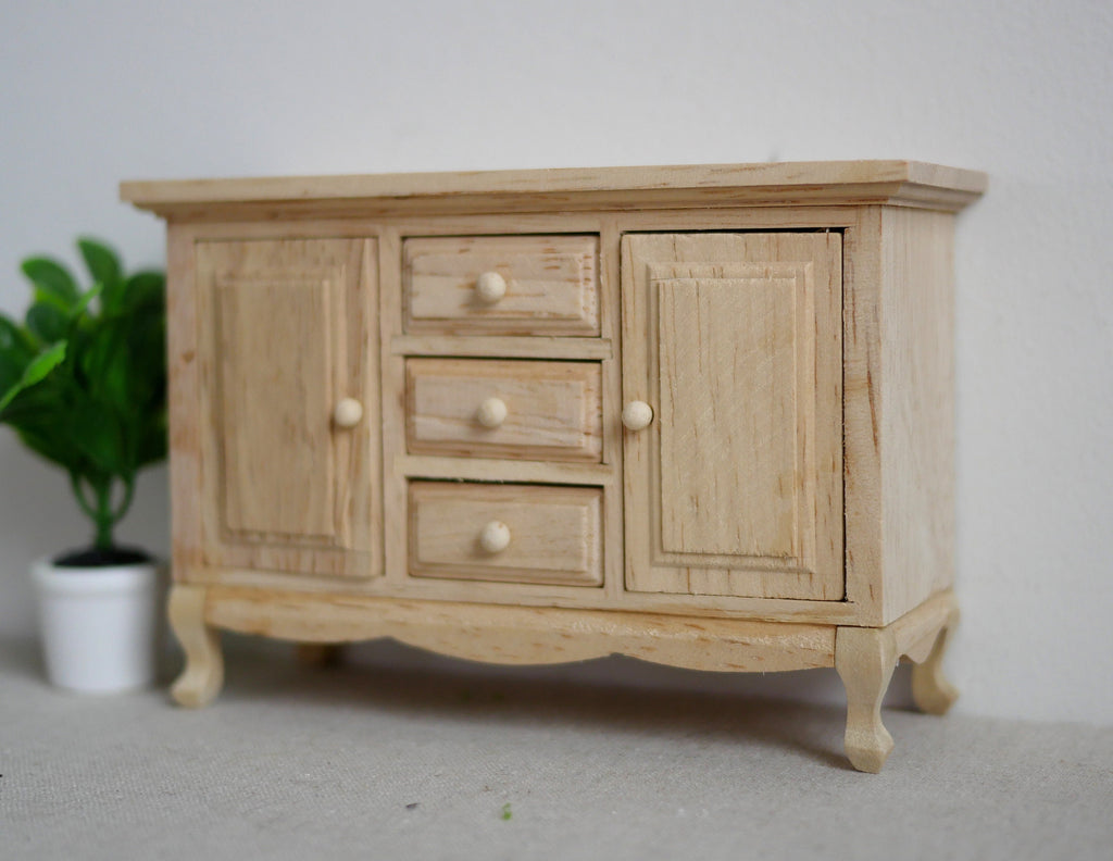 Dollhouse unpainted cabinet sideboard 1:12 scale miniature cabinet functional drawers - I012