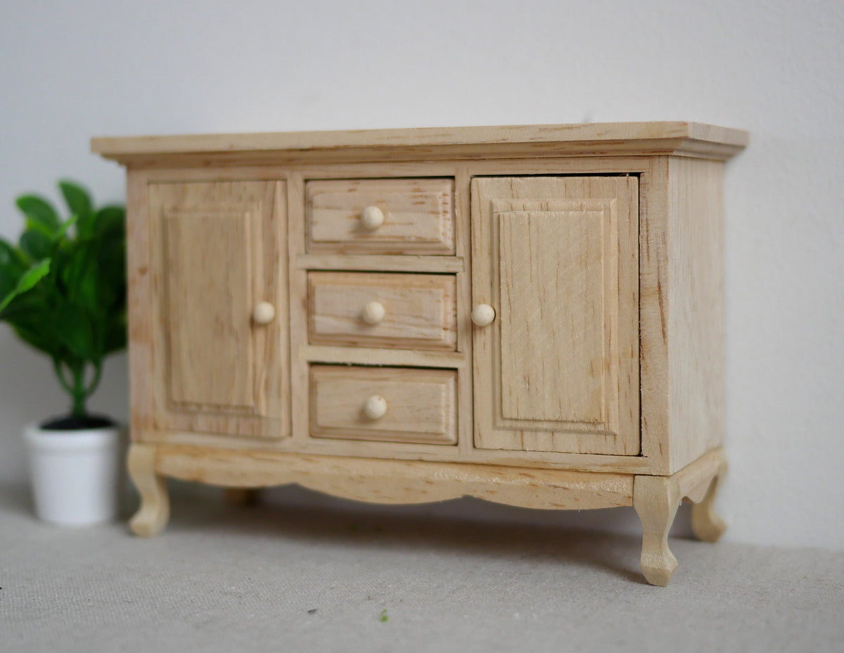 Dollhouse unpainted cabinet sideboard 1:12 scale miniature cabinet functional drawers - I012