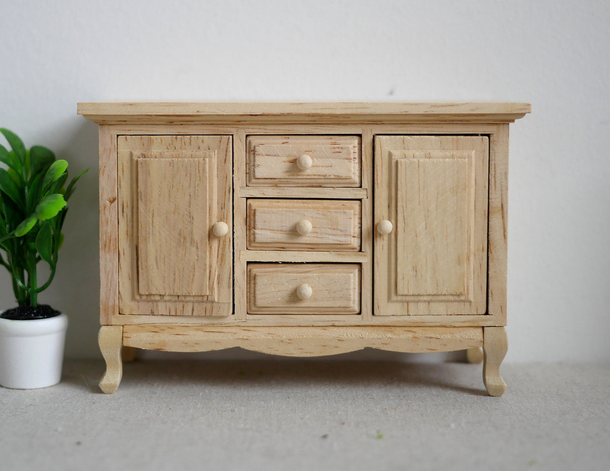 Dollhouse unpainted cabinet sideboard 1:12 scale miniature cabinet functional drawers - I012