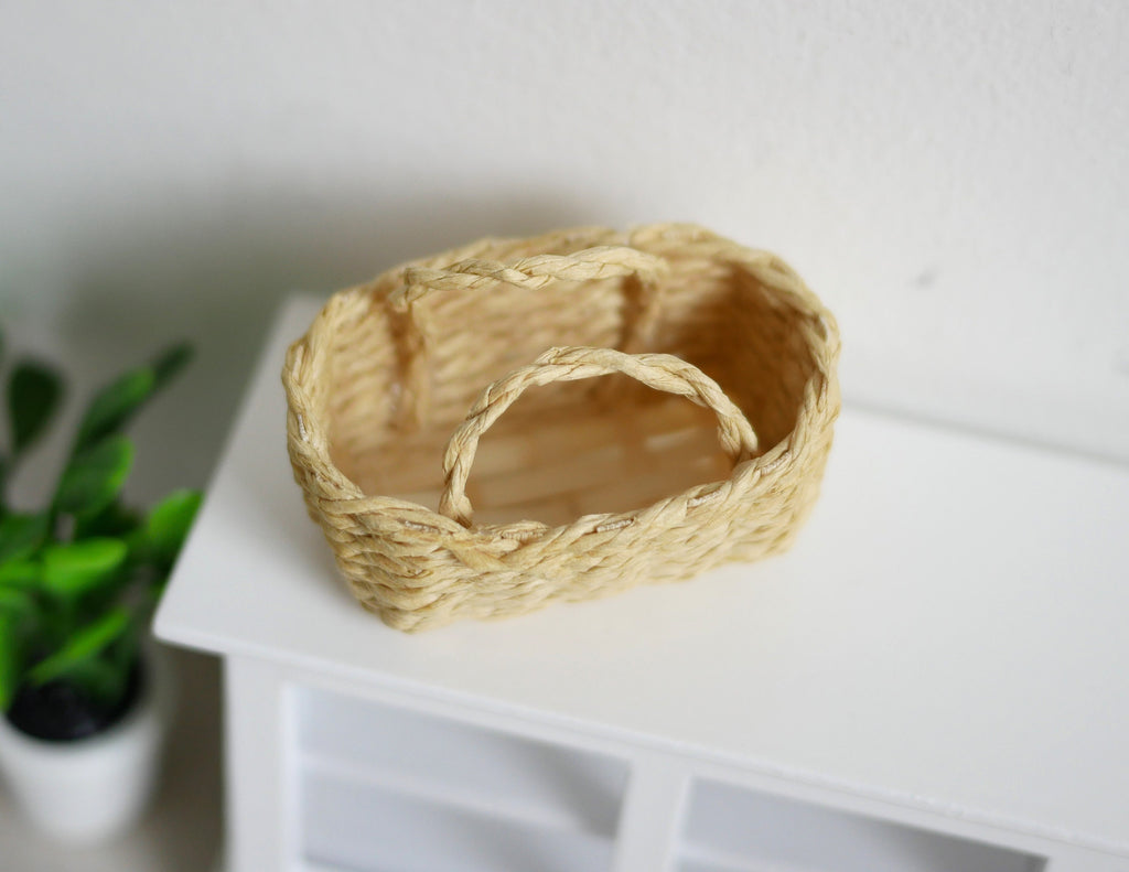 1:12 Scale Miniature Woven Rope Basket, Low Oval with Two Handles, 7/8 inch tall, DIY Dollhouse Supply