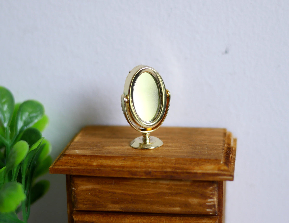 1:12 Scale Miniature Tilting Oval Vanity Mirror on Stand, 1 inch tall, DIY Dollhouse Supply (gold)