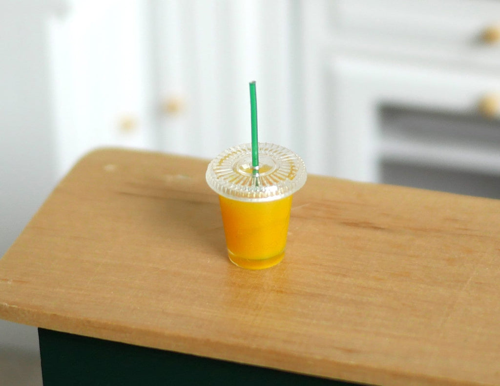 1:6 Scale Miniature Cup of Orange Juice with Lid and Straw, 9/16 inch tall, DIY Dollhouse Supply