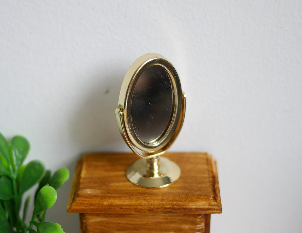1:12 Scale Miniature Tilting Oval Vanity Mirror on Stand, 1-13/16 inch tall, DIY Dollhouse Supply (gold)
