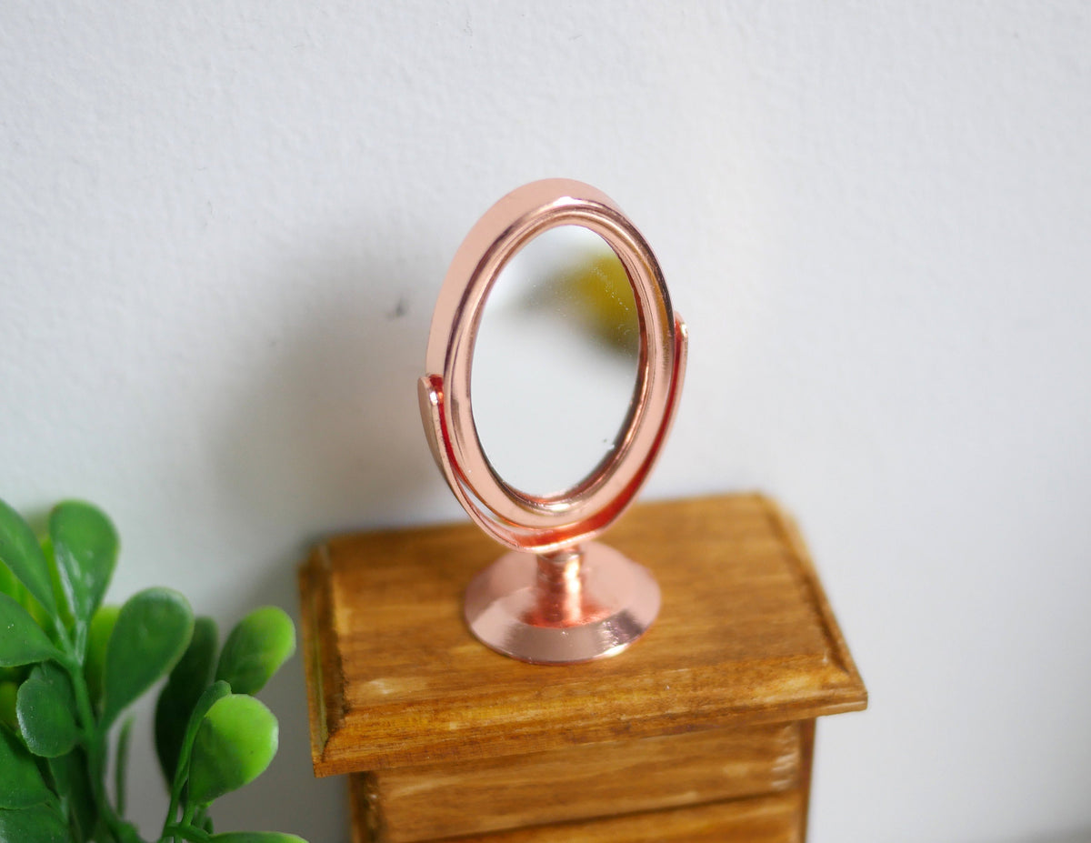 1:12 Scale Miniature Tilting Oval Vanity Mirror on Stand, 1-13/16 inch tall, DIY Dollhouse Supply (rose gold)
