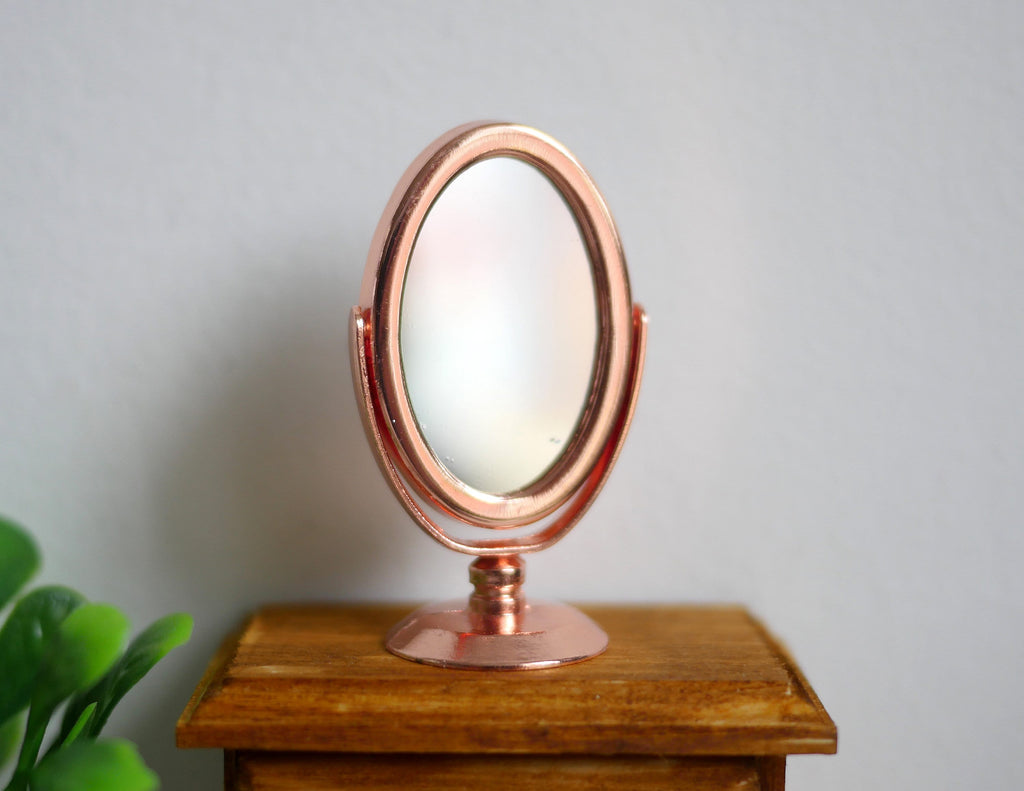 1:12 Scale Miniature Tilting Oval Vanity Mirror on Stand, 1-13/16 inch tall, DIY Dollhouse Supply (rose gold)