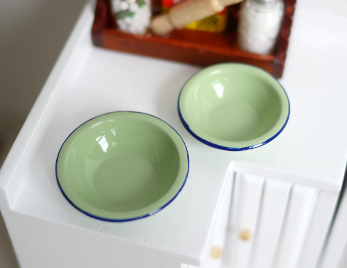 1:12 Scale Miniature Enamelware Style Bowls, Set of 2, Large and Small, 1-1/4 inch wide, DIY Dollhouse Supply (sage green and navy)
