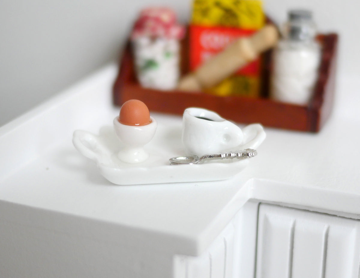 1:12 Scale Miniature Breakfast Tray with Boiled Egg, Egg Cup and Coffee, 1-9/16 inch long, DIY Dollhouse Supply (white)