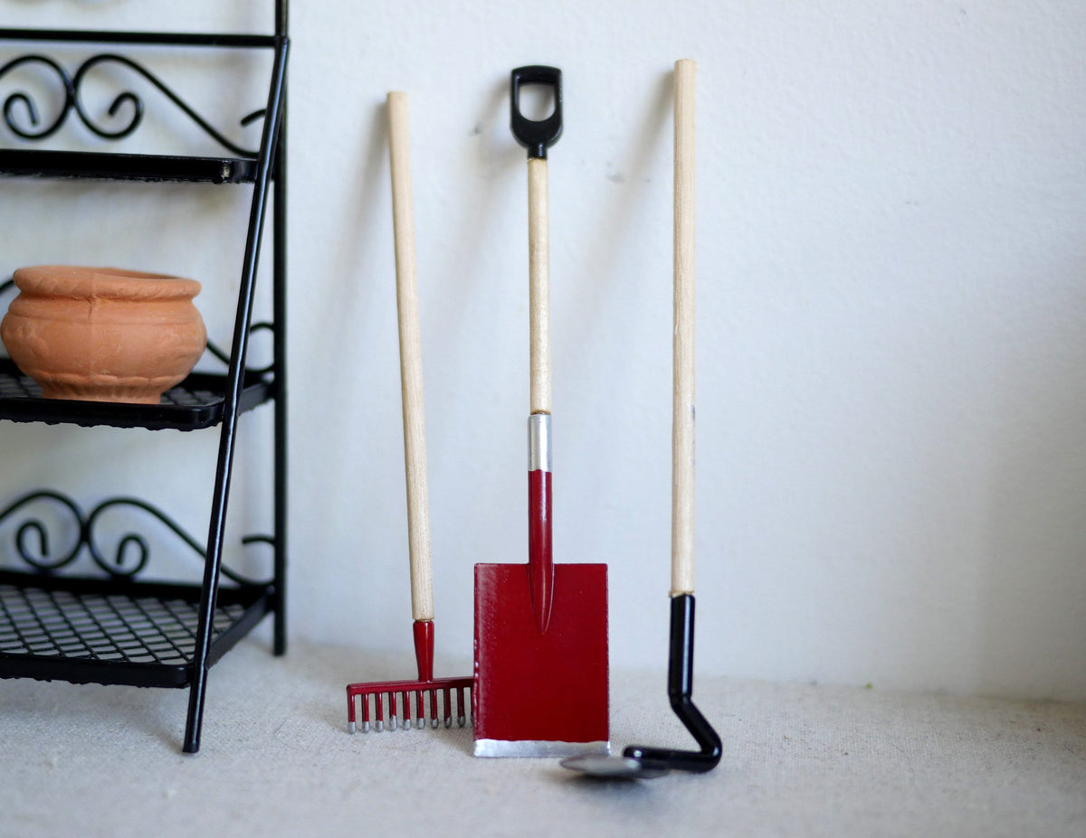 1:12 Scale Miniature Garden Tool Set with Wood Handles, 3-3/4 inch tall, DIY Dollhouse Supply