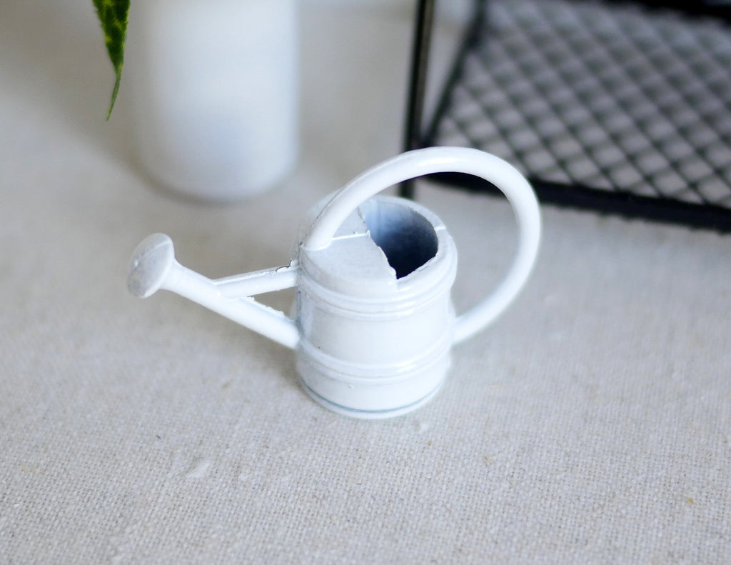 1:12 Scale Miniature Metal Watering Can with Spray Nozzle, 1 inch tall, DIY Dollhouse Supply (white)