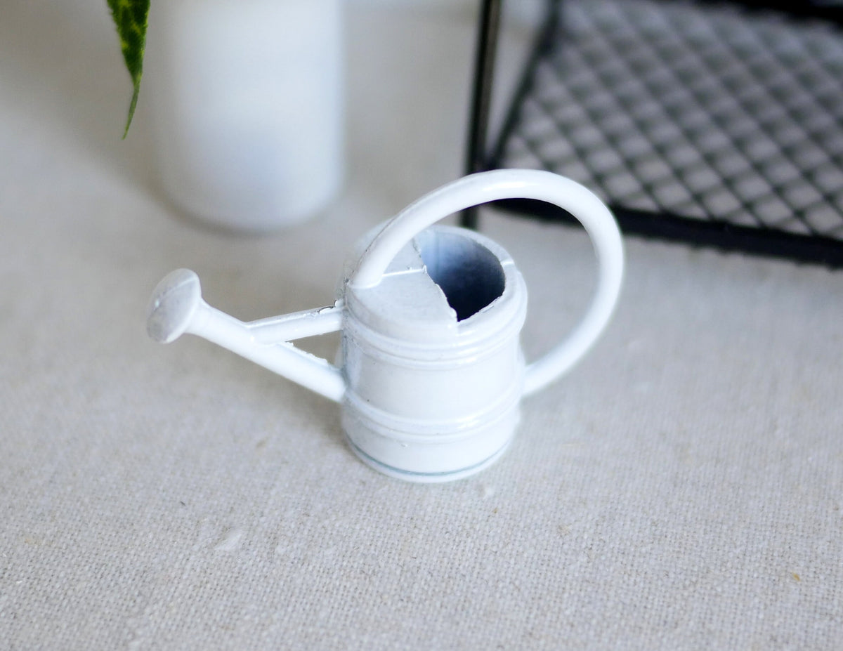 1:12 Scale Miniature Metal Watering Can with Spray Nozzle, 1 inch tall, DIY Dollhouse Supply (white)