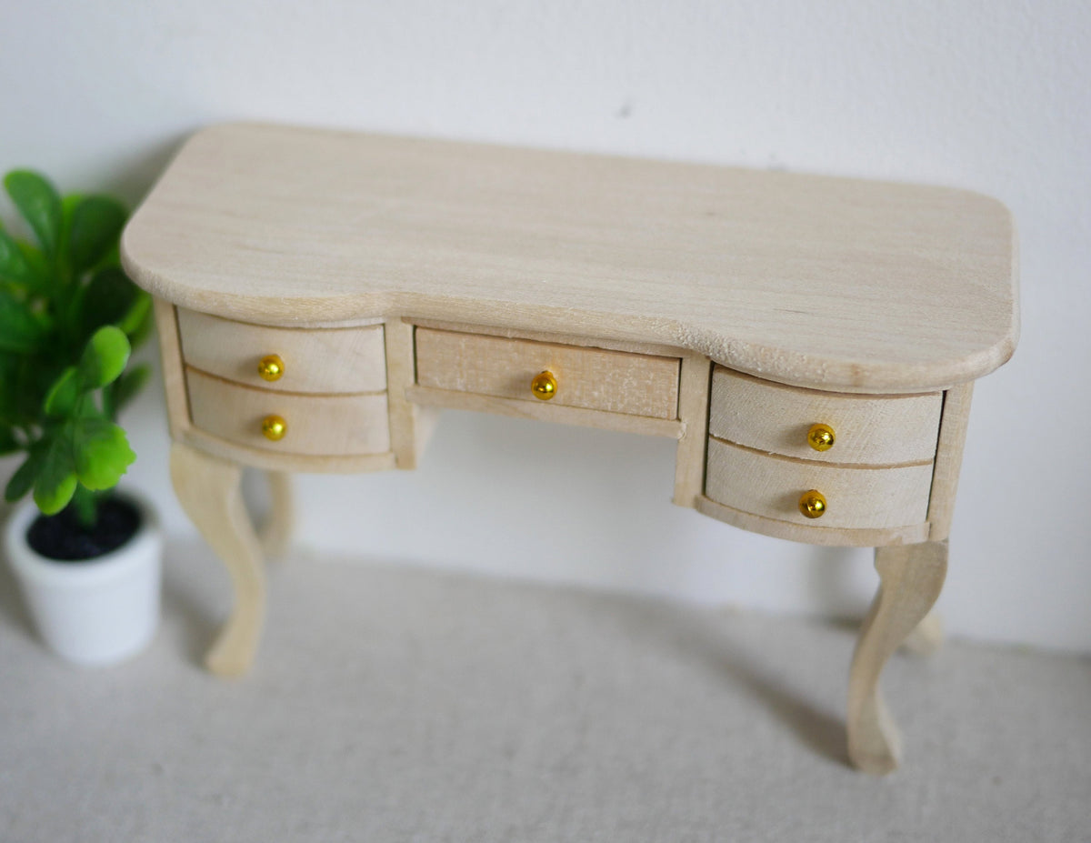 1:12 Scale Miniature Unpainted Wood Vanity Desk, 3 Drawers, Cabriole Legs, 4-1/2 inch long, DIY Dollhouse Supply