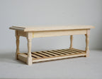 1:12 scale miniature wood kitchen prep table in bare wood with turned legs and slatted lower shelf