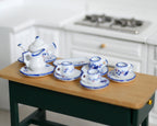 1:12 Scale Miniature Porcelain Tea Set with Cups, Saucers and Tray, Blue Floral Pattern, Set of 13, DIY Dollhouse Supply
