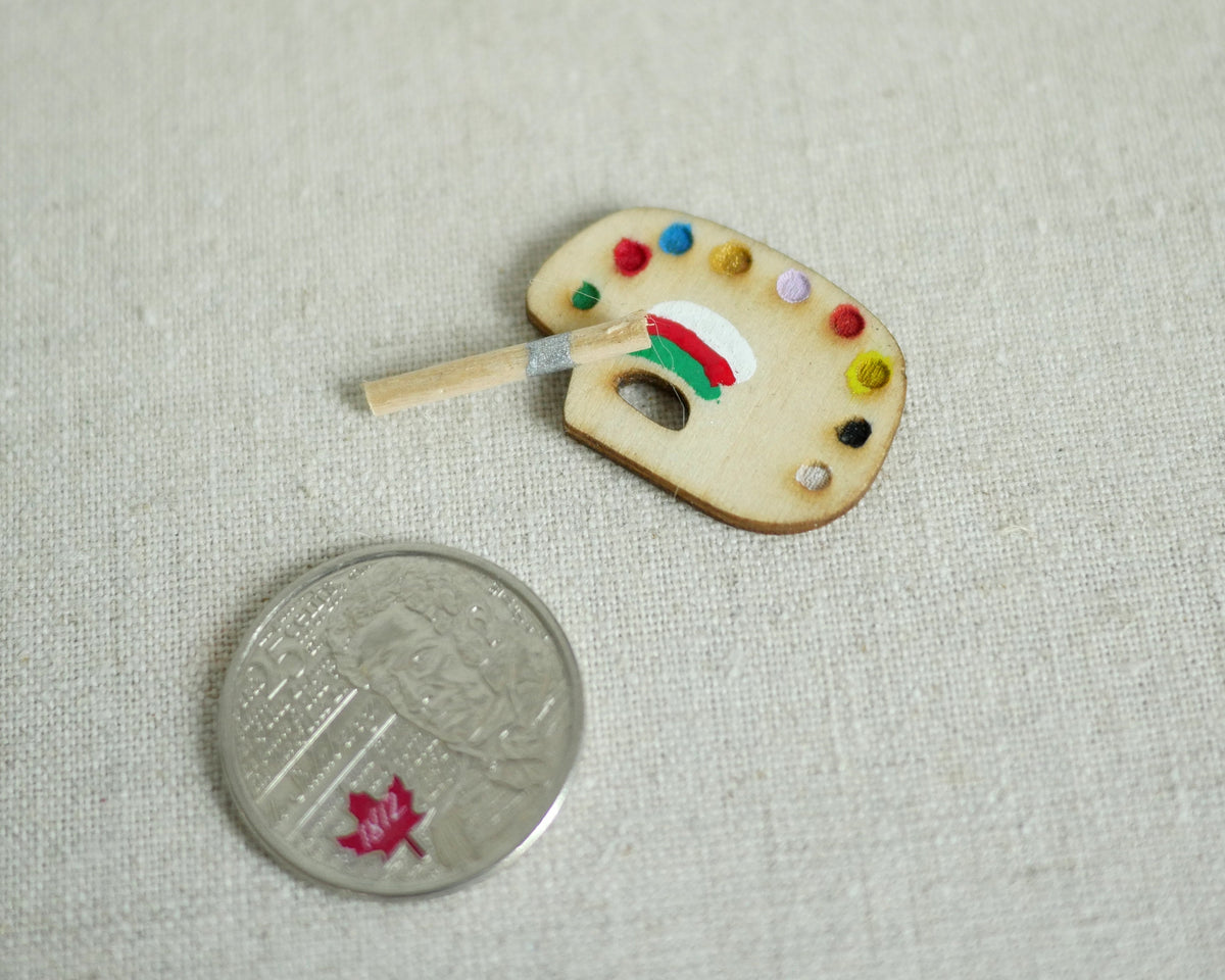 1:12 Scale Miniature Oval Artist Palette with Paint and Brush, 1 inch long, DIY Dollhouse Supply