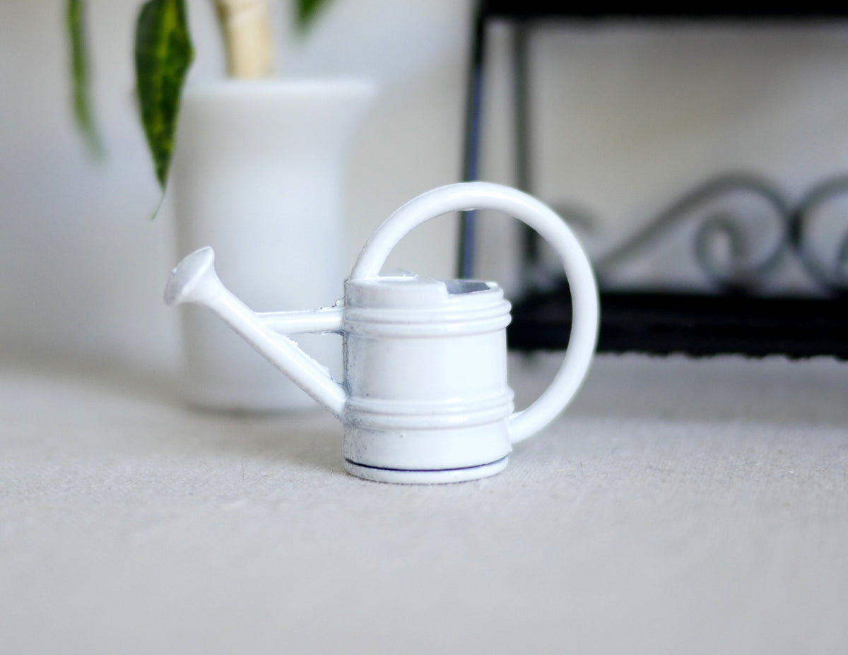 1:12 Scale Miniature Metal Watering Can with Spray Nozzle, 1 inch tall, DIY Dollhouse Supply (white)