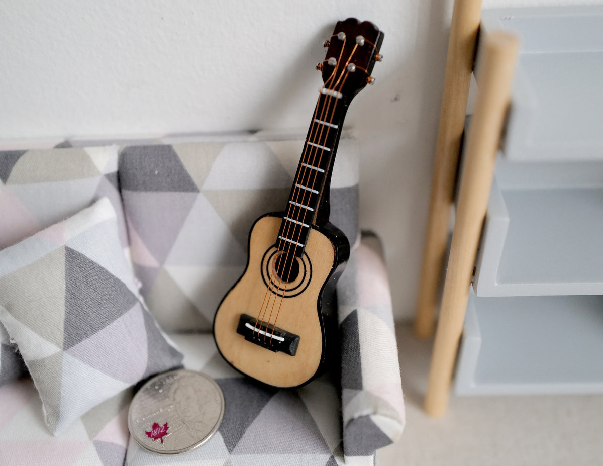 1:12 Scale Miniature Acoustic Guitar, 3-7/16 inch tall, DIY Dollhouse Supply (natural)