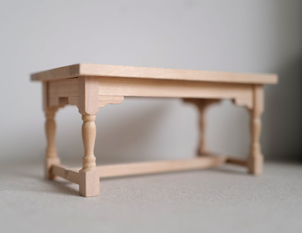 1:12 Scale Miniature Unpainted Wood Kitchen Prep Table, Panel Top, Turned Legs, 5-13/16 inch long, DIY Dollhouse Supply