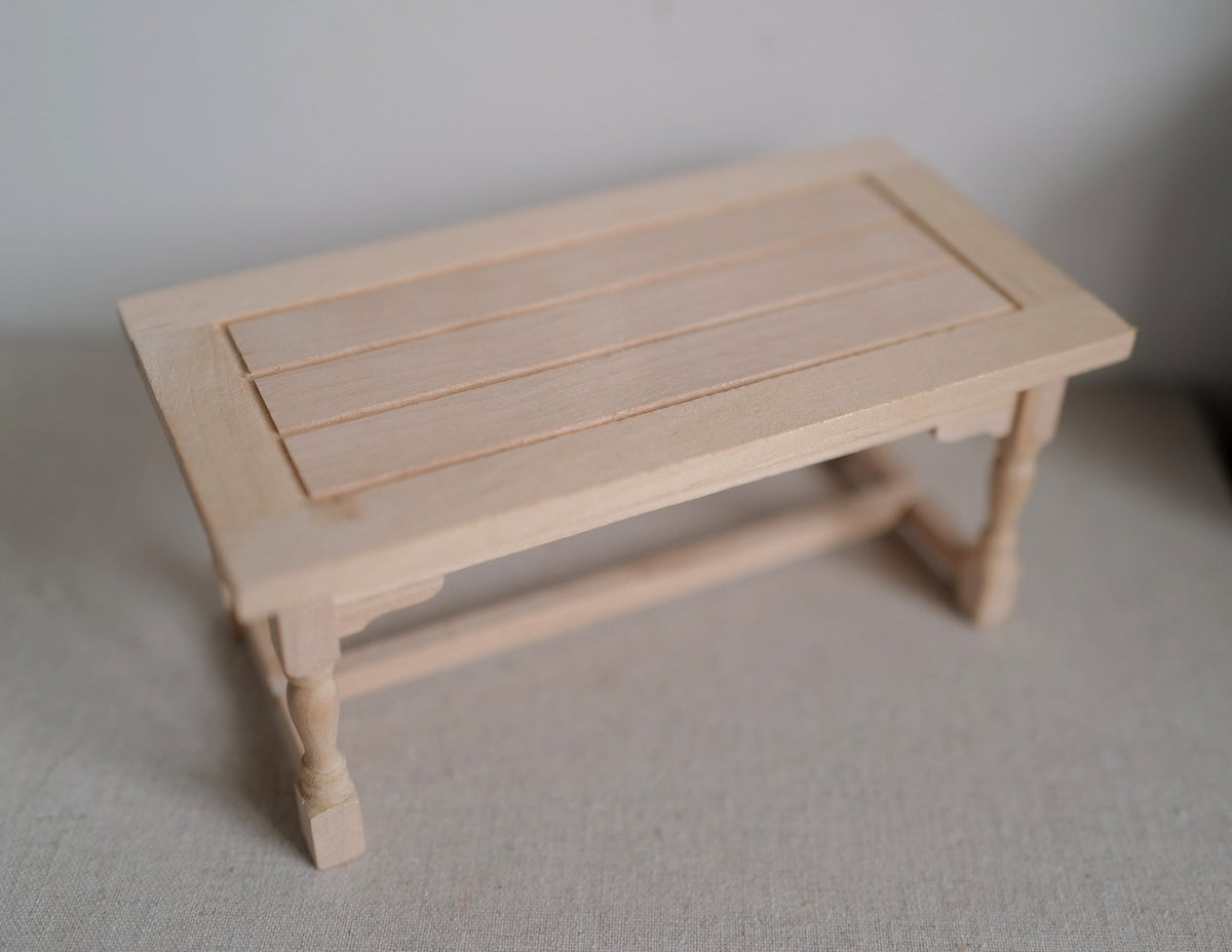 1:12 Scale Miniature Unpainted Wood Kitchen Prep Table, Panel Top, Turned Legs, 5-13/16 inch long, DIY Dollhouse Supply