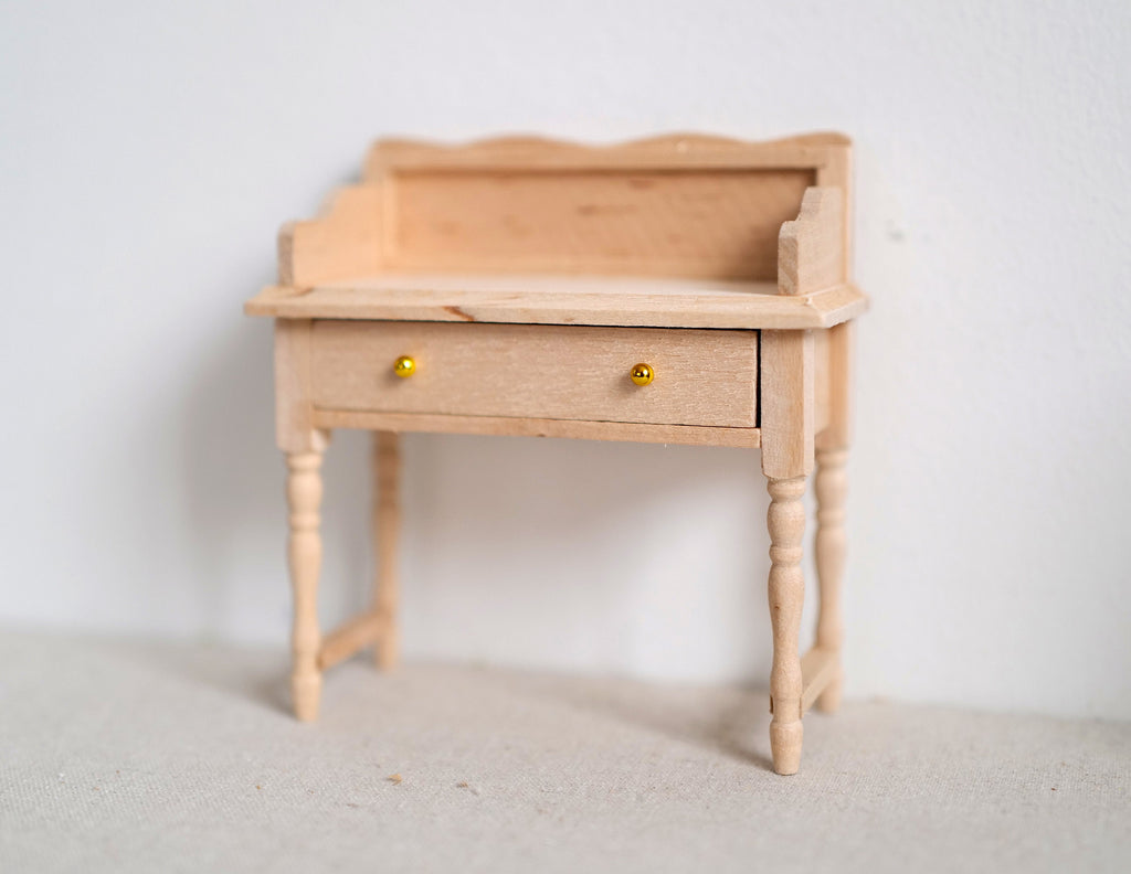 1:12 Scale Miniature Unpainted Wood Writing Desk, Gallery Rail, 1 Drawer, 3-5/8 inch long, DIY Dollhouse Supply