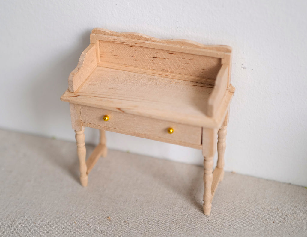 1:12 Scale Miniature Unpainted Wood Writing Desk, Gallery Rail, 1 Drawer, 3-5/8 inch long, DIY Dollhouse Supply