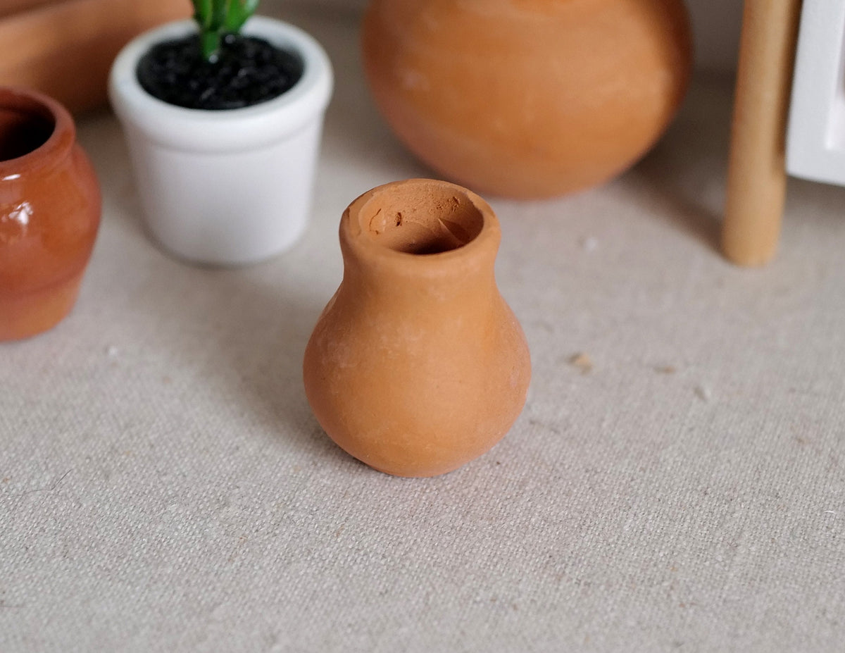 1:12 Scale Miniature Terracotta Clay Pot, Round Body with Narrow Neck, 1 inch tall, DIY Dollhouse Supply