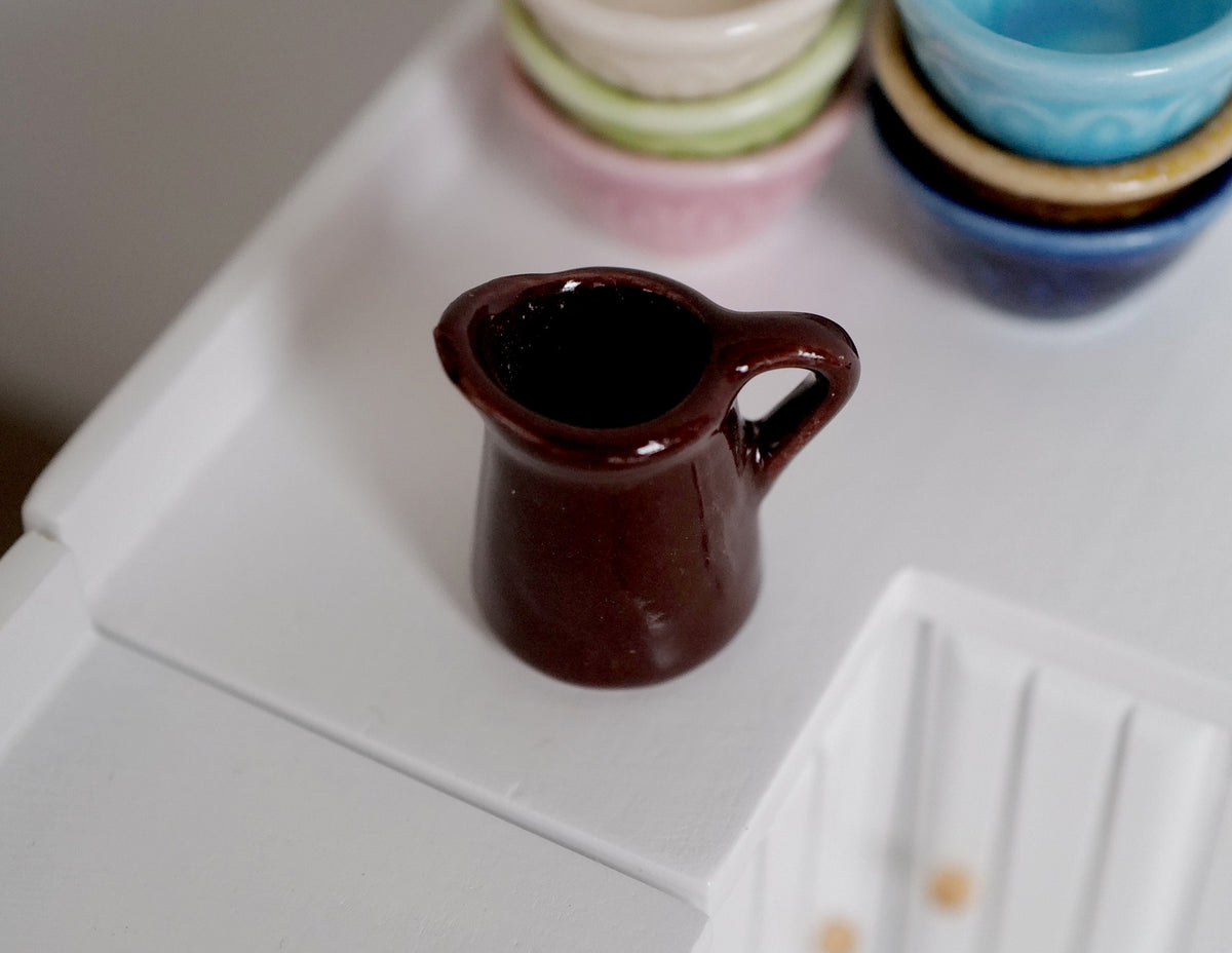 1:12 Scale Miniature Ceramic Jug with Handle, 1 inch tall, DIY Dollhouse Supply (dark brown)