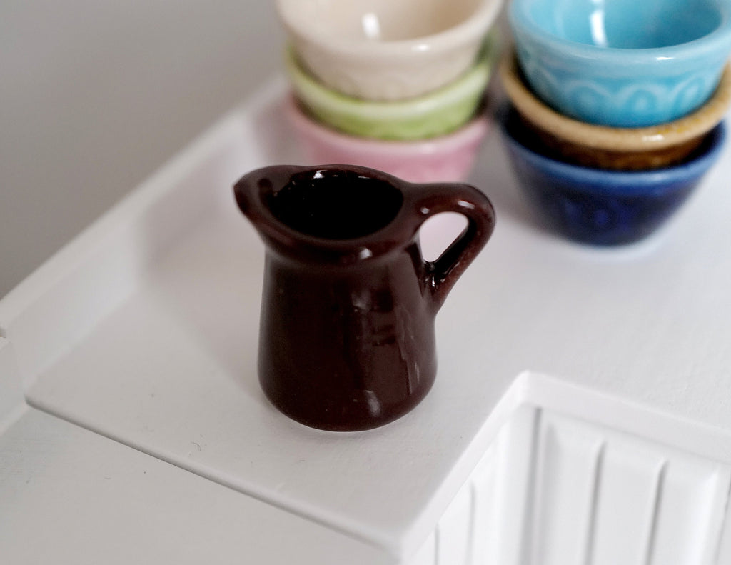 1:12 Scale Miniature Ceramic Jug with Handle, 1 inch tall, DIY Dollhouse Supply (dark brown)