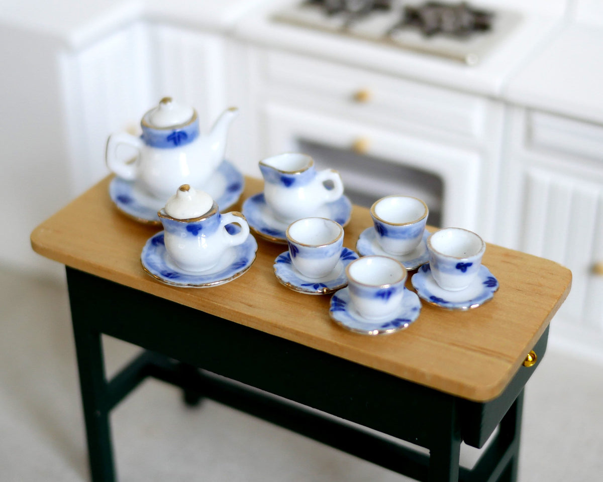 1:12 Scale Miniature Porcelain Tea Set with Tray, Blue Floral Pattern, Set of 14, DIY Dollhouse Supply (white)