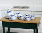 1:12 Scale Miniature Porcelain Tea Set with Tray, Blue Floral Pattern, Set of 14, DIY Dollhouse Supply (white)