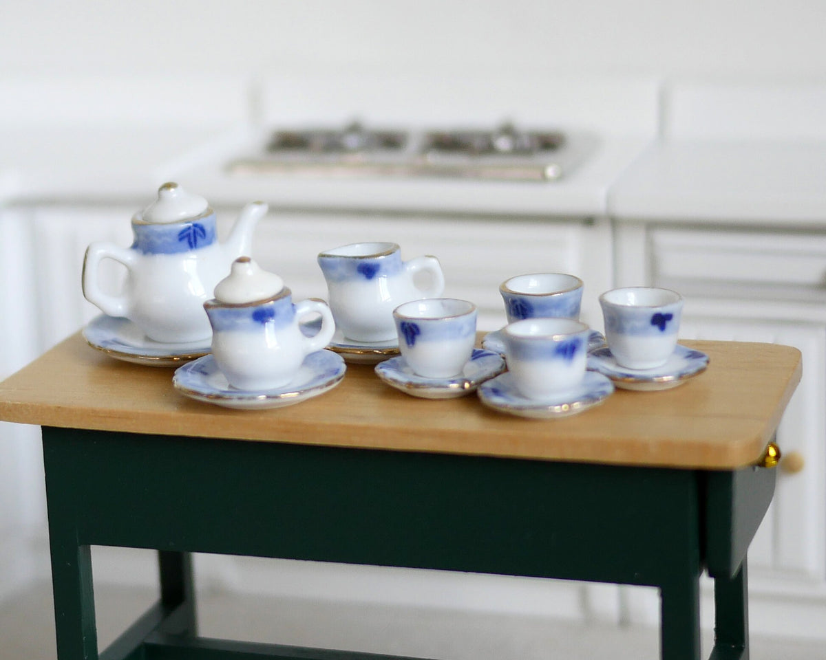 1:12 Scale Miniature Porcelain Tea Set with Tray, Blue Floral Pattern, Set of 14, DIY Dollhouse Supply (white)