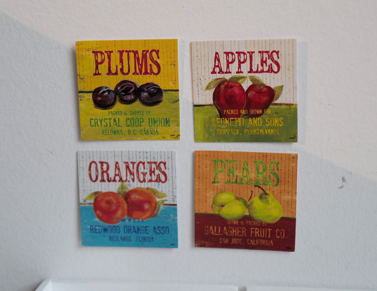 1:12 Scale Miniature Fruit Posters, Apple, Orange, Plum and Pear, Set of 4, 1-9/16 inch square, DIY Dollhouse Supply