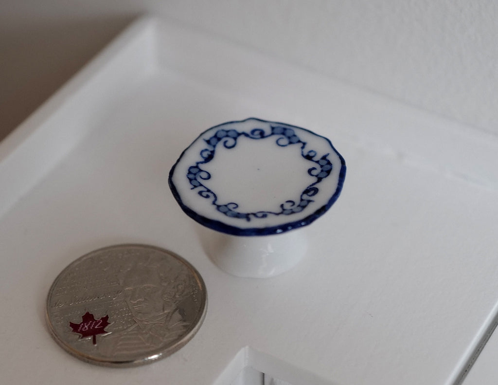 1:12 Scale Miniature Pedestal Cake Stand, Blue Pattern Rim, 9/16 inch tall, DIY Dollhouse Supply (white)