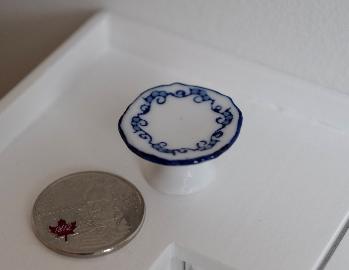 1:12 Scale Miniature Pedestal Cake Stand, Blue Pattern Rim, 9/16 inch tall, DIY Dollhouse Supply (white)