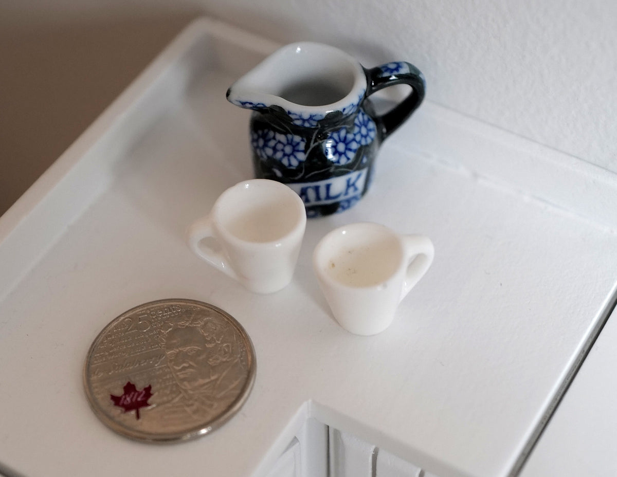 1:12 Scale Miniature Coffee Mugs with Handles, Set of 2, 9/16 inch tall, DIY Dollhouse Supply (white)
