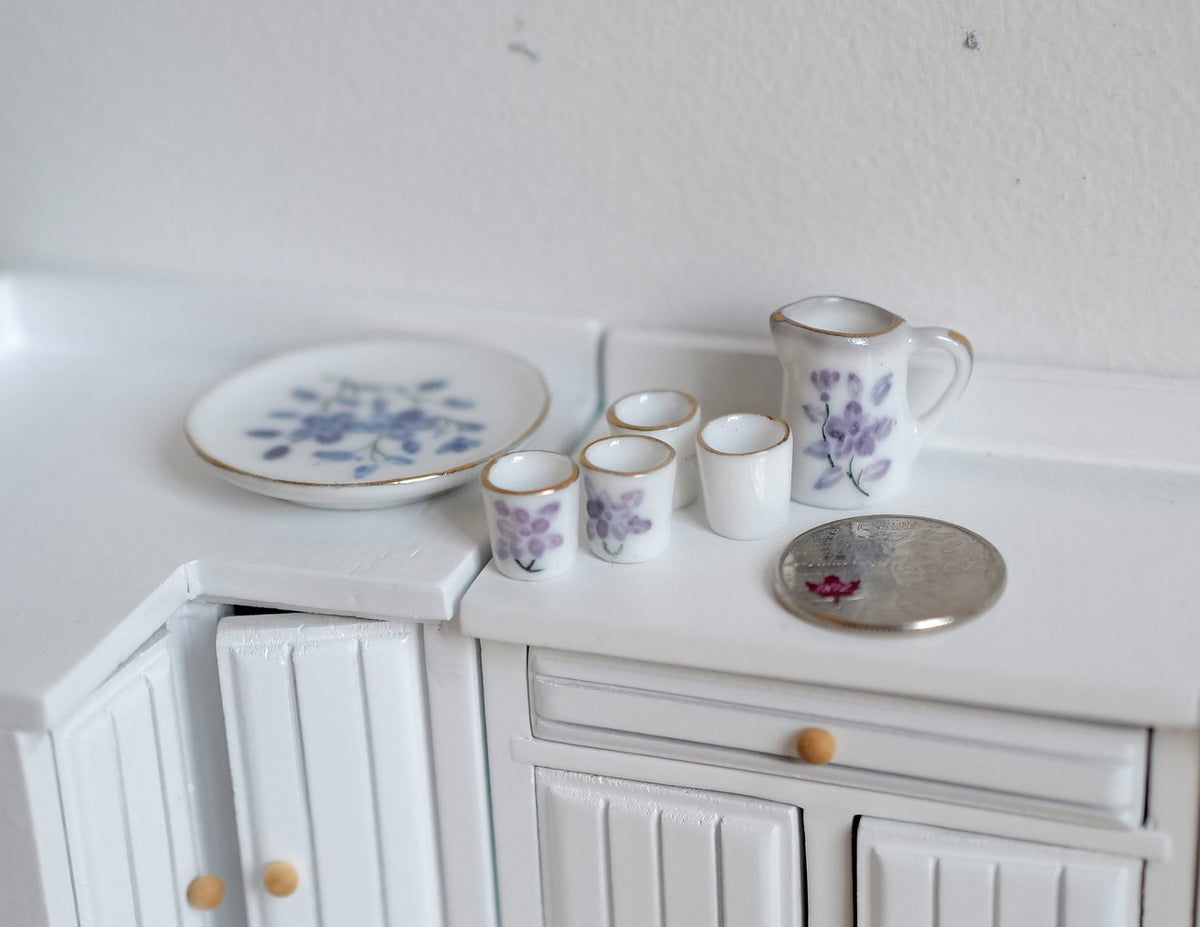 1:12 Scale Miniature Porcelain Teapot Set with Cups and Tray, Blue Floral Pattern, Set of 5, DIY Dollhouse Supply