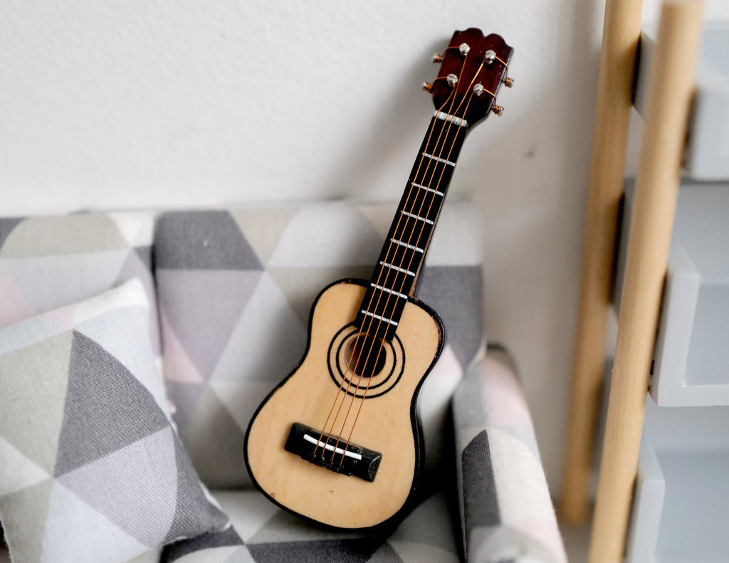 1:12 Scale Miniature Acoustic Guitar, 3-7/16 inch tall, DIY Dollhouse Supply (natural)