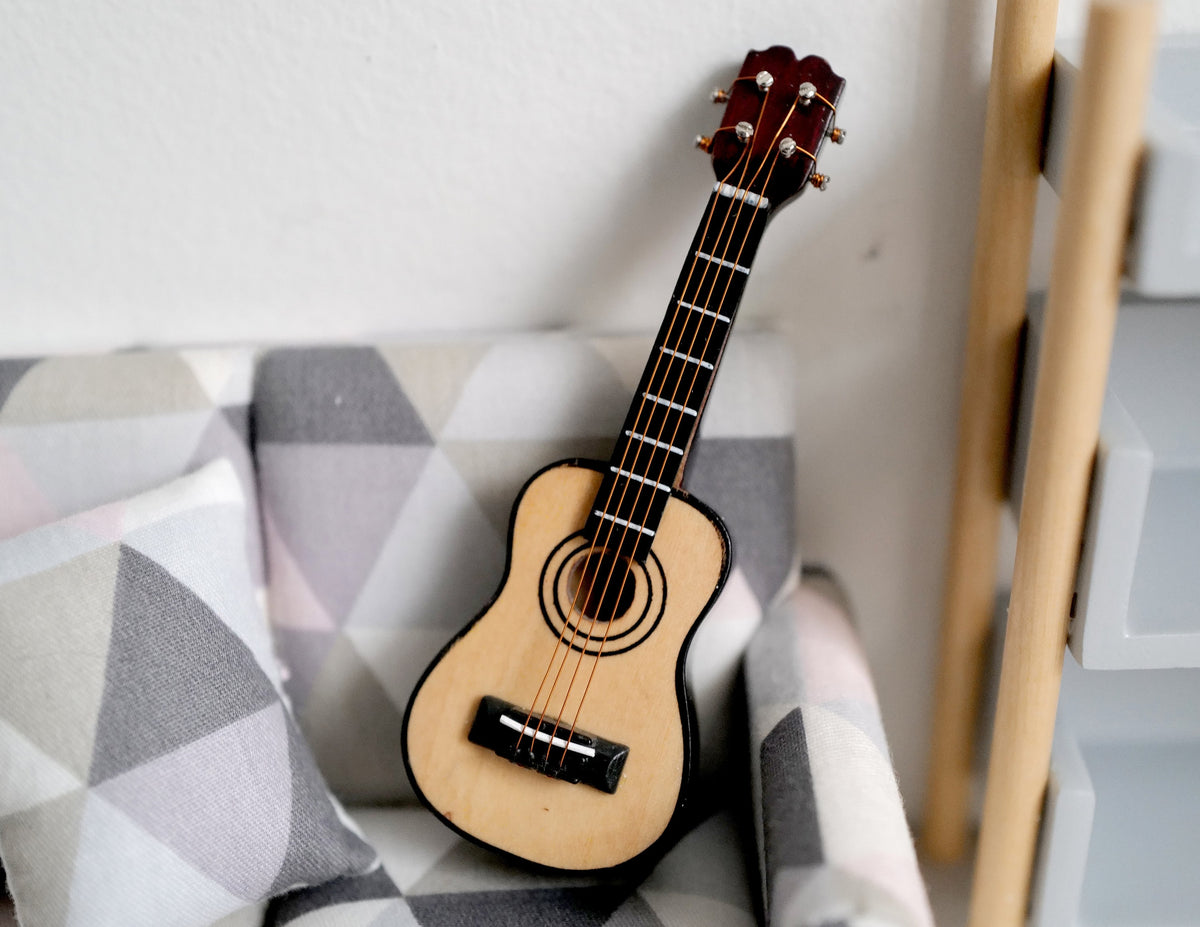 1:12 Scale Miniature Acoustic Guitar, 3-7/16 inch tall, DIY Dollhouse Supply (natural)