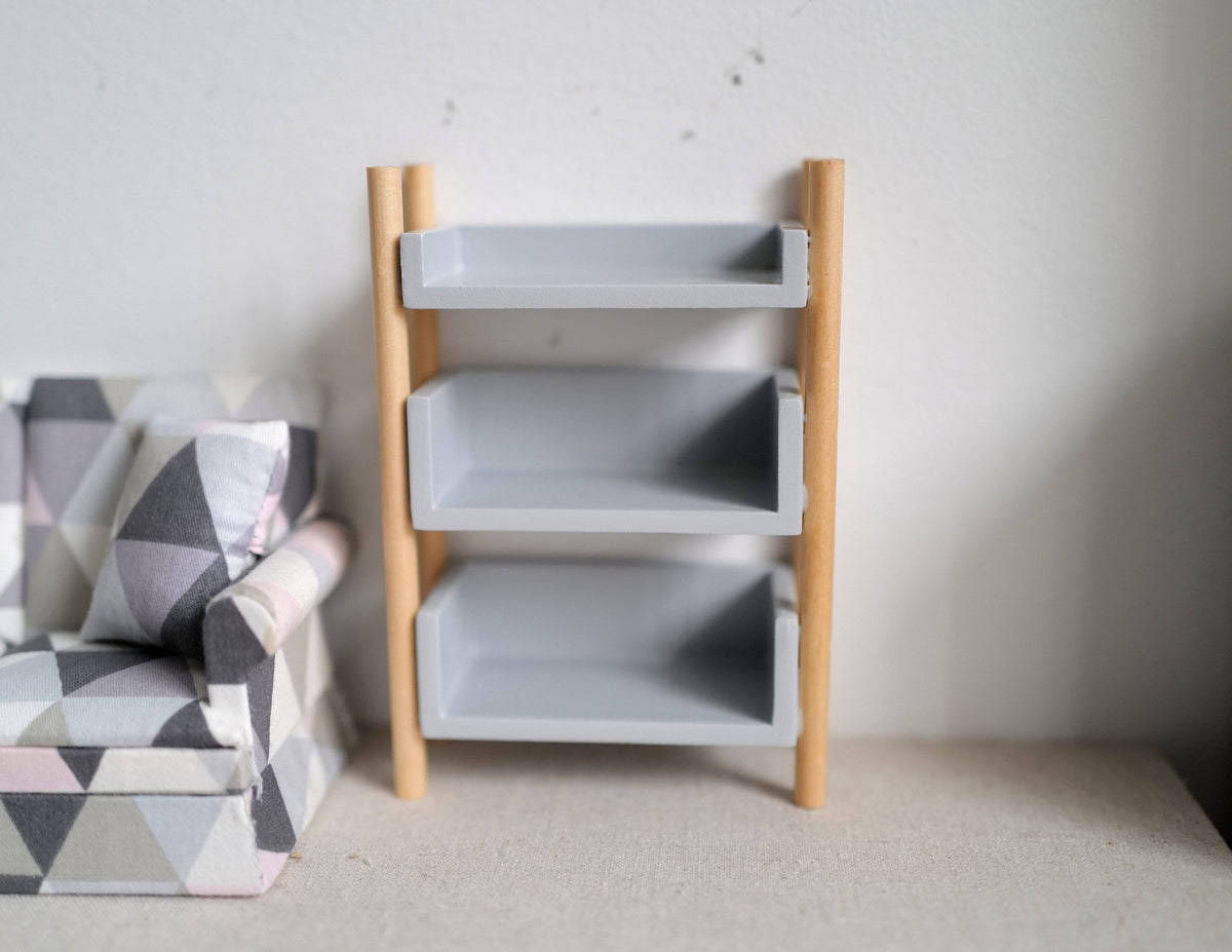 1:12 Scale Miniature Wood Open Storage Shelf, 3 Shelves, 4-3/4 inch tall, DIY Dollhouse Supply (natural and gray)