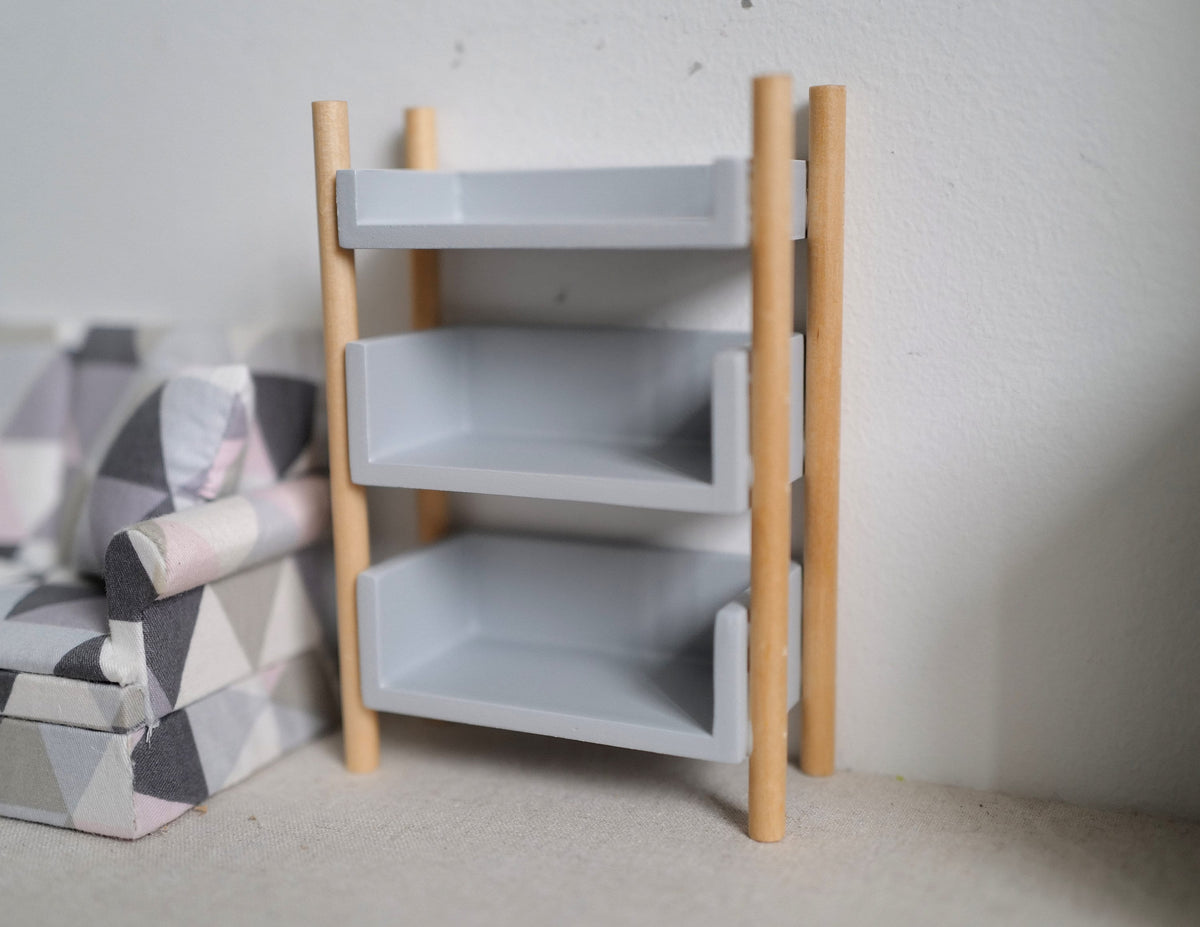 1:12 Scale Miniature Wood Open Storage Shelf, 3 Shelves, 4-3/4 inch tall, DIY Dollhouse Supply (natural and gray)