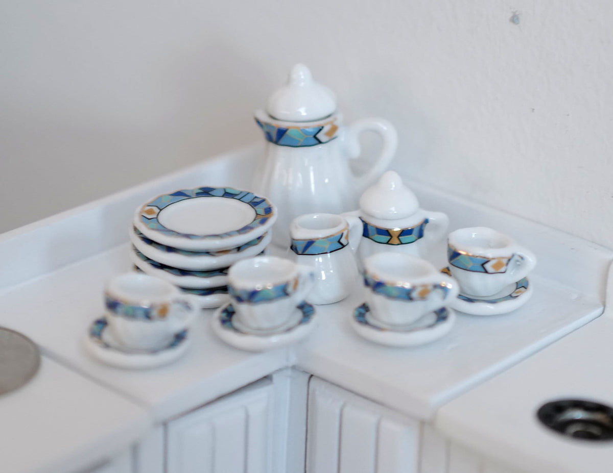 1:12 Scale Miniature Porcelain Tea Set, Navy Blue Stripes, Set of 15, 1-1/4 inch tall, DIY Dollhouse Supply (white)