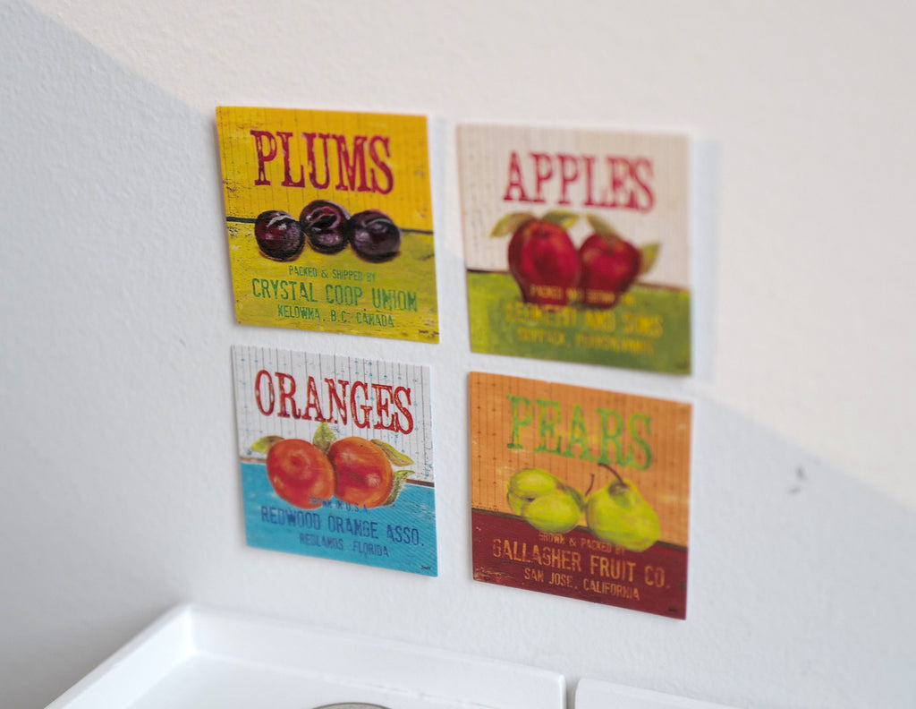 1:12 Scale Miniature Fruit Posters, Apple, Orange, Plum and Pear, Set of 4, 1-9/16 inch square, DIY Dollhouse Supply